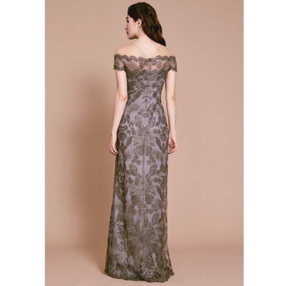 Tadashi Shoji Illusion Neck Lace Gown Embroidered Dark Pearl Size 2 NWT - Picture 2 of 12